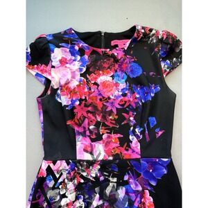 Betsey Johnson Black Multicolor Floral Print Sheath Cap Sleeve Dress Black Sz 2